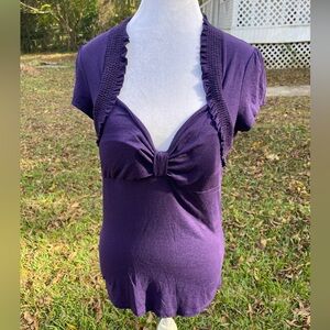 Voice vintage purple knit babydoll top with ruched faux shrug. Size L.